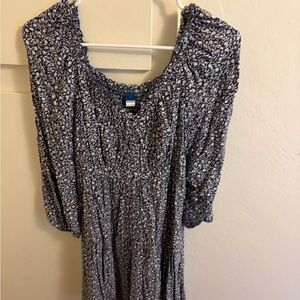 Old Navy Navy & White Floral Smocked Long Sleeve Midi Dress